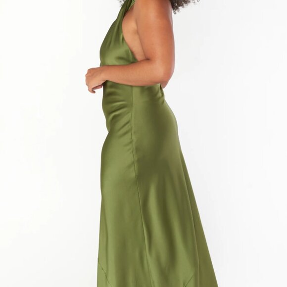 show me your mumu jasmine halter olive green satin bridesmaid dress - Picture 3 of 5